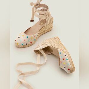 BODEN Cassie Wedge Cream Polka Dot Lace Up Espadrille Sandal Size 37EU 6US